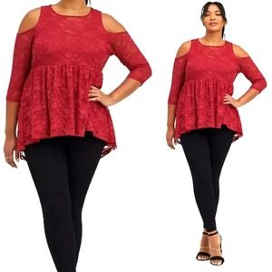 Torrid Off Shoulder Babydoll Stretch Lace Red Top Size 1X